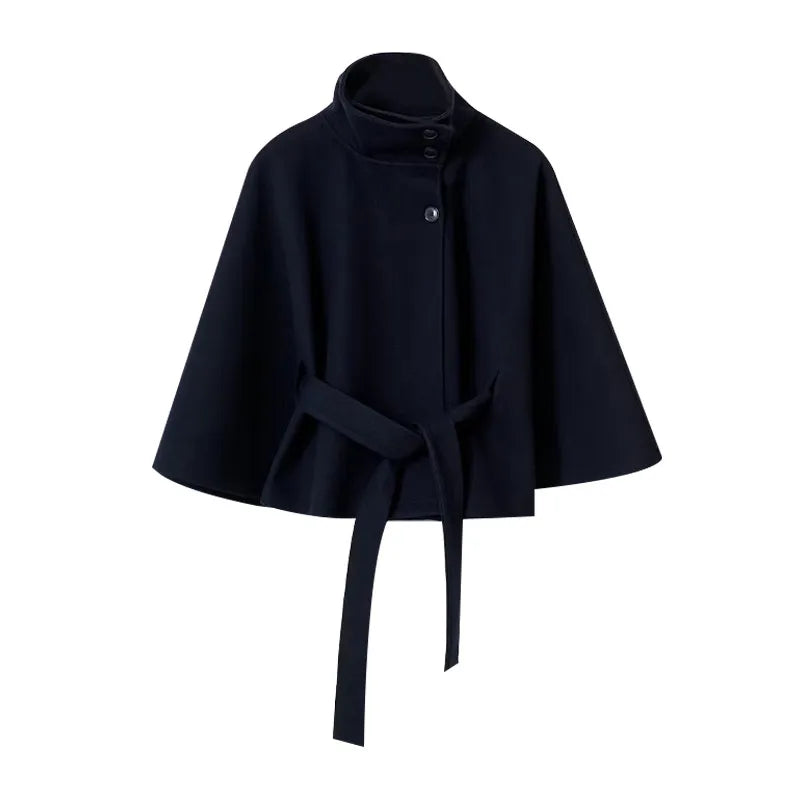Damenmantel, kurze Cape-Mäntel für Damen, Gürtel, Mäntel aus Kunstwolle und Mischungen, Herbst-Winter, feste Mäntel, elegante Umhangjacke für Damen.