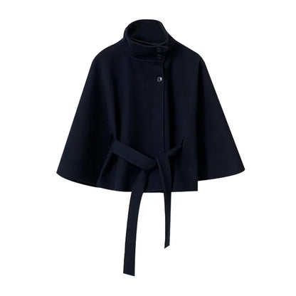 Damenmantel, kurze Cape-Mäntel für Damen, Gürtel, Mäntel aus Kunstwolle und Mischungen, Herbst-Winter, feste Mäntel, elegante Umhangjacke für Damen.