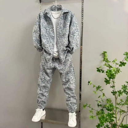 New Spring and Autumn Men's Casual Suit Lapel Jacquard Shirt Trousers Two-piece Set Comfortable Loose.