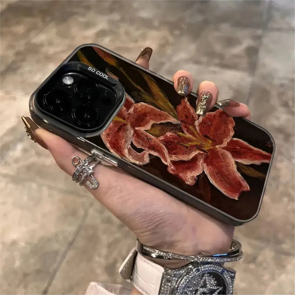 Painting Lily Flower Phone Case For iPhone 17 Air 16 15 14 13 12 11 Pro Max 7 8 Plus Black Hard Cover.