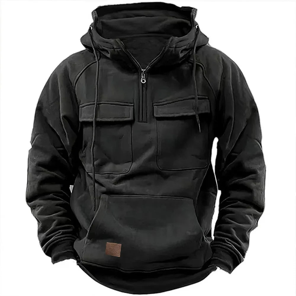 2025 New Autumn Winter Men's Hooded Solid-color Casual Hoodie Fashionable Young Man's Multi-Pocket Patch Hoodie Pullover Shirt.