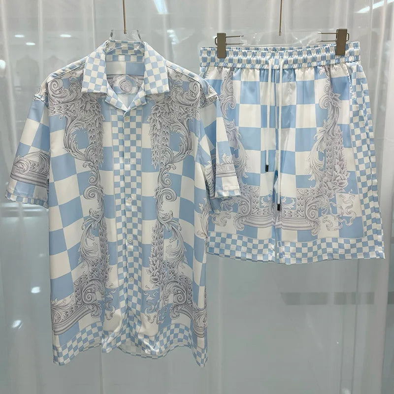 Royal luxury digital printed men's set fashion two-piece shorts set high-quality summer short sleeved shirt Allen Sen Trendy Clo.