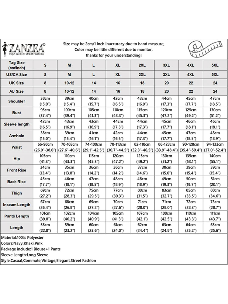 ZANZEA Autumn 2 Piece Sets Women Pant Sets Casual V Neck Long Sleeve Tops Pant Suit Elegant Solid Work Tracksuit Oversize 2025.