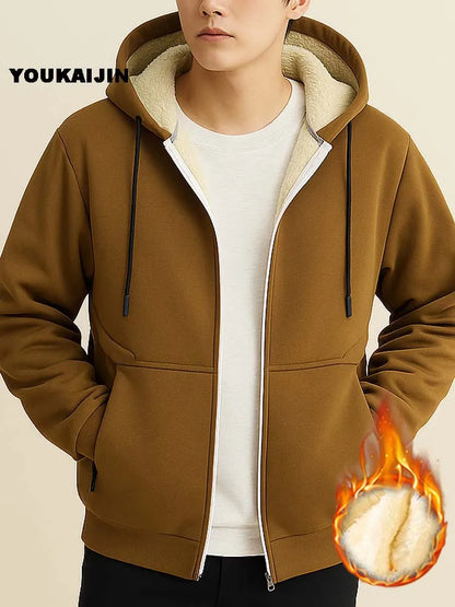 Men's Warm Fleece Hoodie Autumn Winter Sherpa Lined Full-Zip Solid Color Sweatshirt Jacket Coat.
