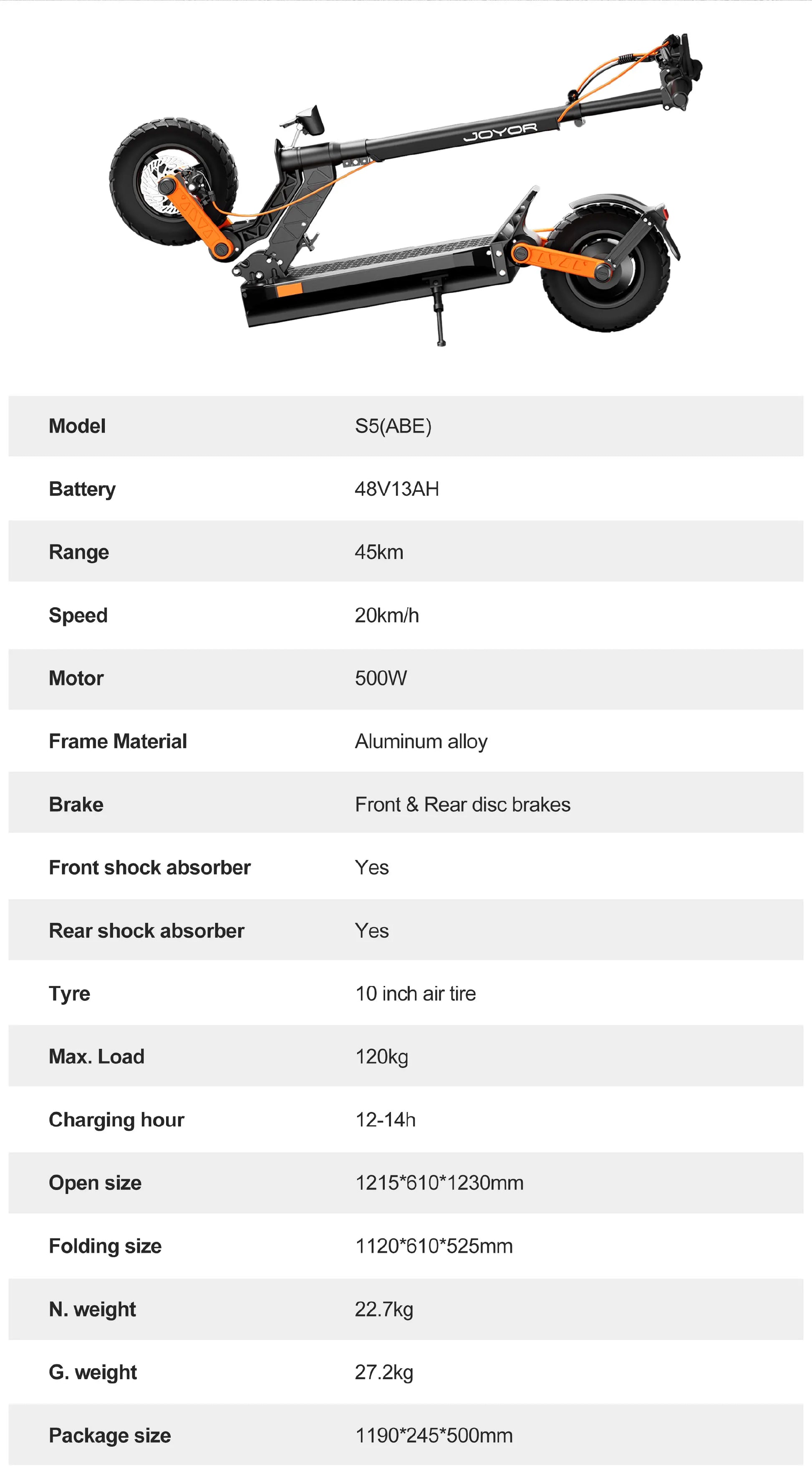 JOYOR S5 (ABE) For Adults E-Scooter 500W Motor 48V13AH Battery 10 Inch Air Tire City Commuting Electric Scooter.