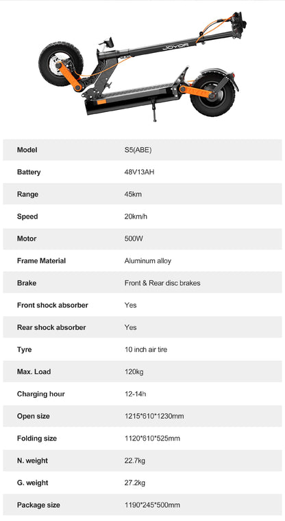 JOYOR S5 (ABE) For Adults E-Scooter 500W Motor 48V13AH Battery 10 Inch Air Tire City Commuting Electric Scooter.