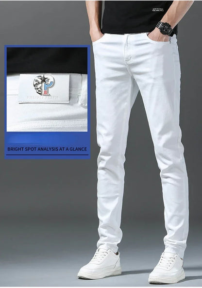 2025 Spring Summer New 98%Cotton Men's Slim Jeans Straight Casual Fashion Pencil Pants High Quality Trousers Male Clothes White.