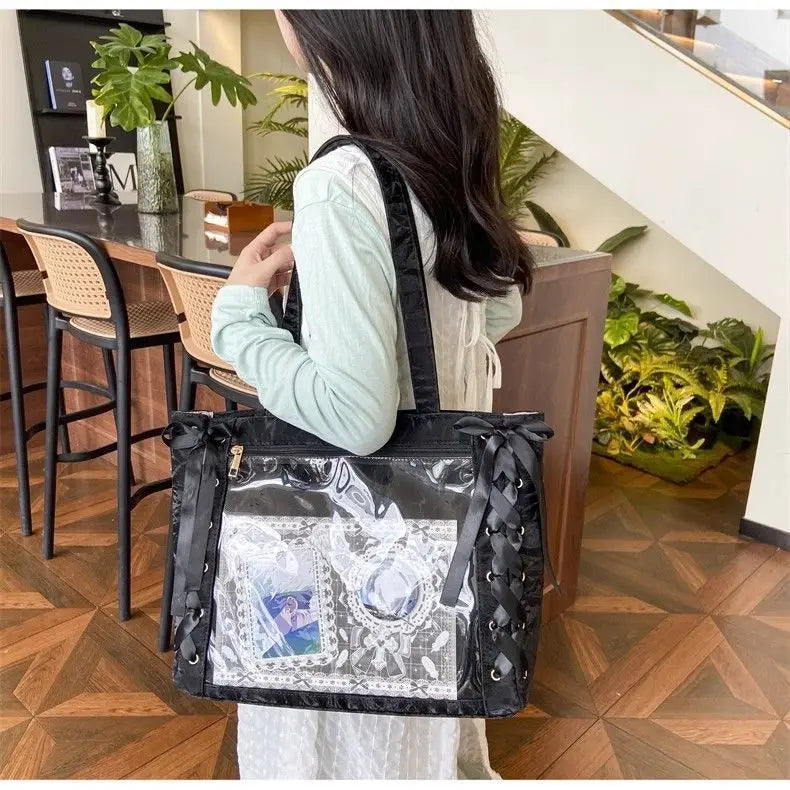 New Versatile Fashion Ribbon Itabag Large Capacity Green Large Food Anime Millet Bag Daily One Shoulder Tote Bag.