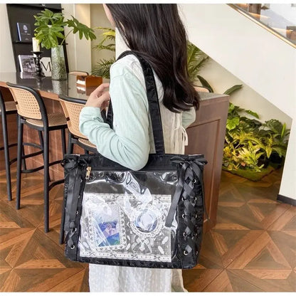 New Versatile Fashion Ribbon Itabag Large Capacity Green Large Food Anime Millet Bag Daily One Shoulder Tote Bag.
