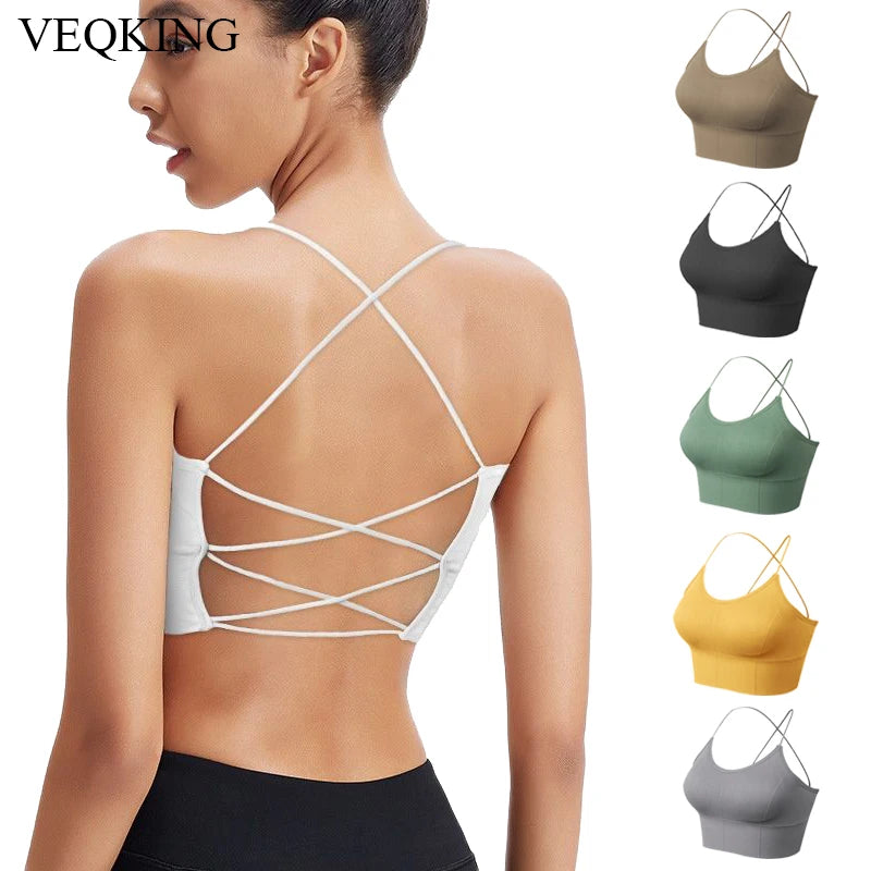 VEQKING Women Cross Strap Sports Bra Top Women Push Up Sport Bra Yoga Gym Crop Top Brassiere Fitness Top Sport Breathable Bras.