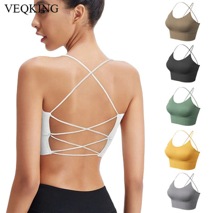 VEQKING Women Cross Strap Sports Bra Top Women Push Up Sport Bra Yoga Gym Crop Top Brassiere Fitness Top Sport Breathable Bras.