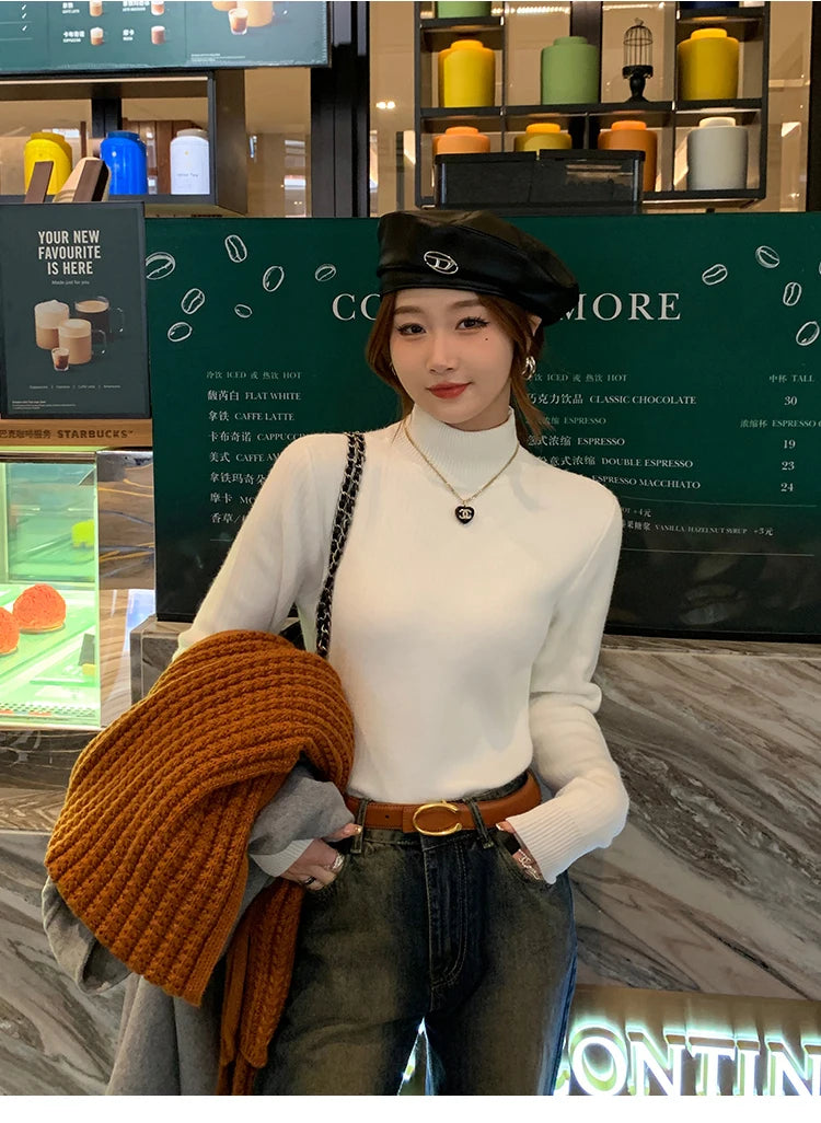 Women's Turtleneck Sweater Winter 2025 Retro with Velvet Lining Thickened Inner Wear Thermal Knitting Bottoming Shirt Pullovers