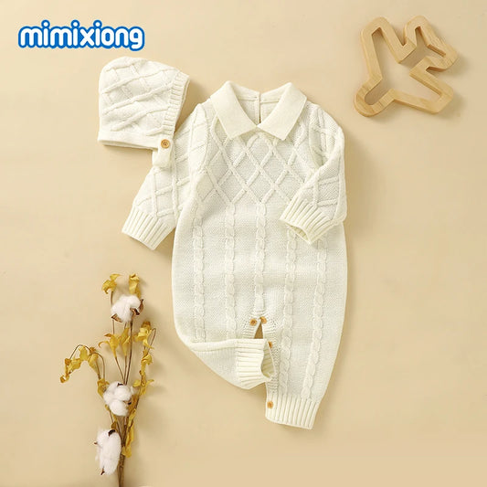 White Baby Girl Rompers Clothes Winter Long Sleeve Knitted Newborn Infant Boy Jumpsuits Hats Outfits Sets 0-18m Toddler Playsuit