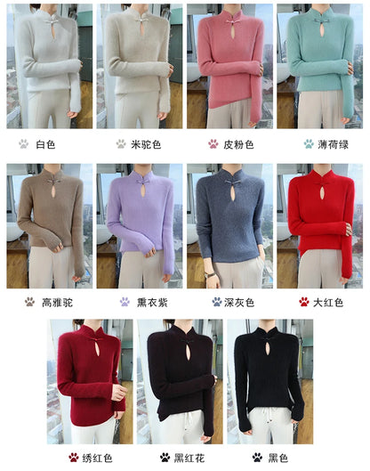 2024 autumn winter new 100% mink cashmere sweater women's pullover slim-fit long sleeve solid color stand collar bottom knitwear.