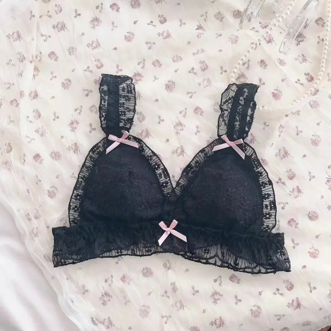 Japanese girl underwear female sweet cute pure desire without underwire bow lace edge thin bra set.
