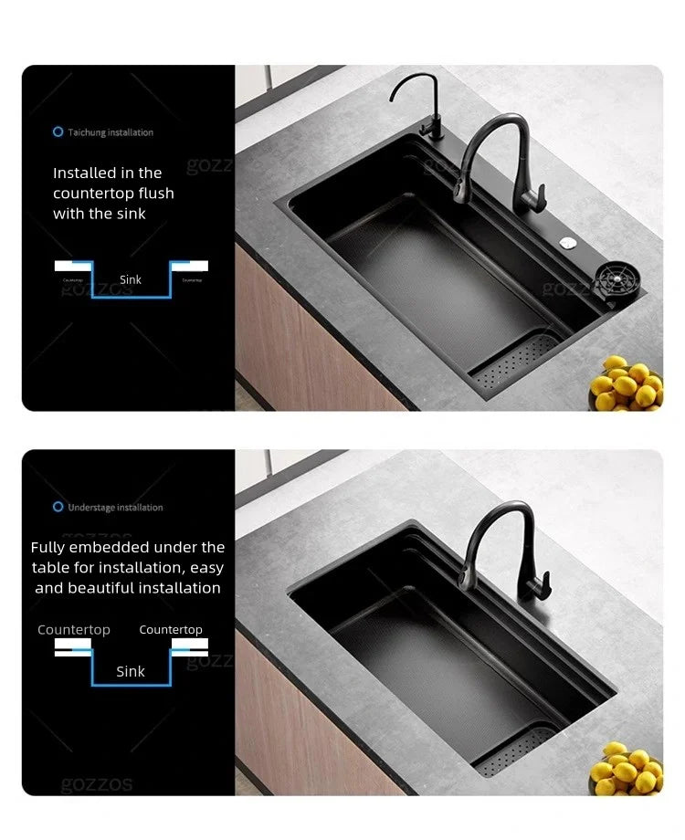 Black 304 Stainless Steel Kitchen Sink Household Multifunction Wash Dish and Vegetables Basin Large Single Slot Undermount Basin