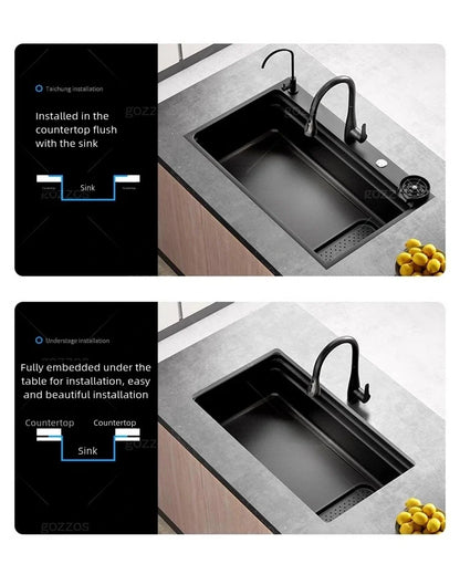 Black 304 Stainless Steel Kitchen Sink Household Multifunction Wash Dish and Vegetables Basin Large Single Slot Undermount Basin
