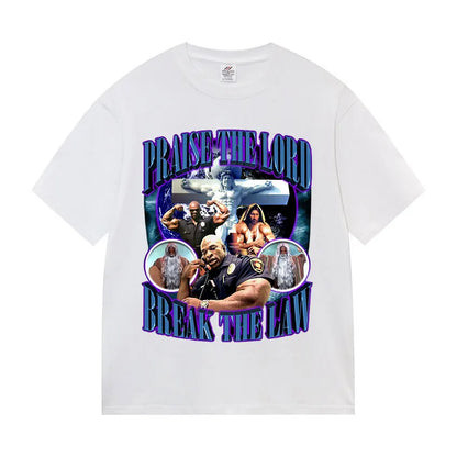 Praise The Lord Break The Law Ronnie Coleman Pump Cover Gym Funny Meme T Shirts Men's Retro Fashion Cotton Short Sleeve T-shirt.