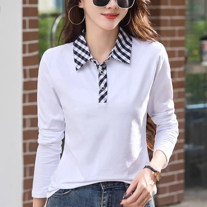 European station lapel long sleeved t-shirt women's new high-end fashion light luxury casual plus size spring and autumn top.