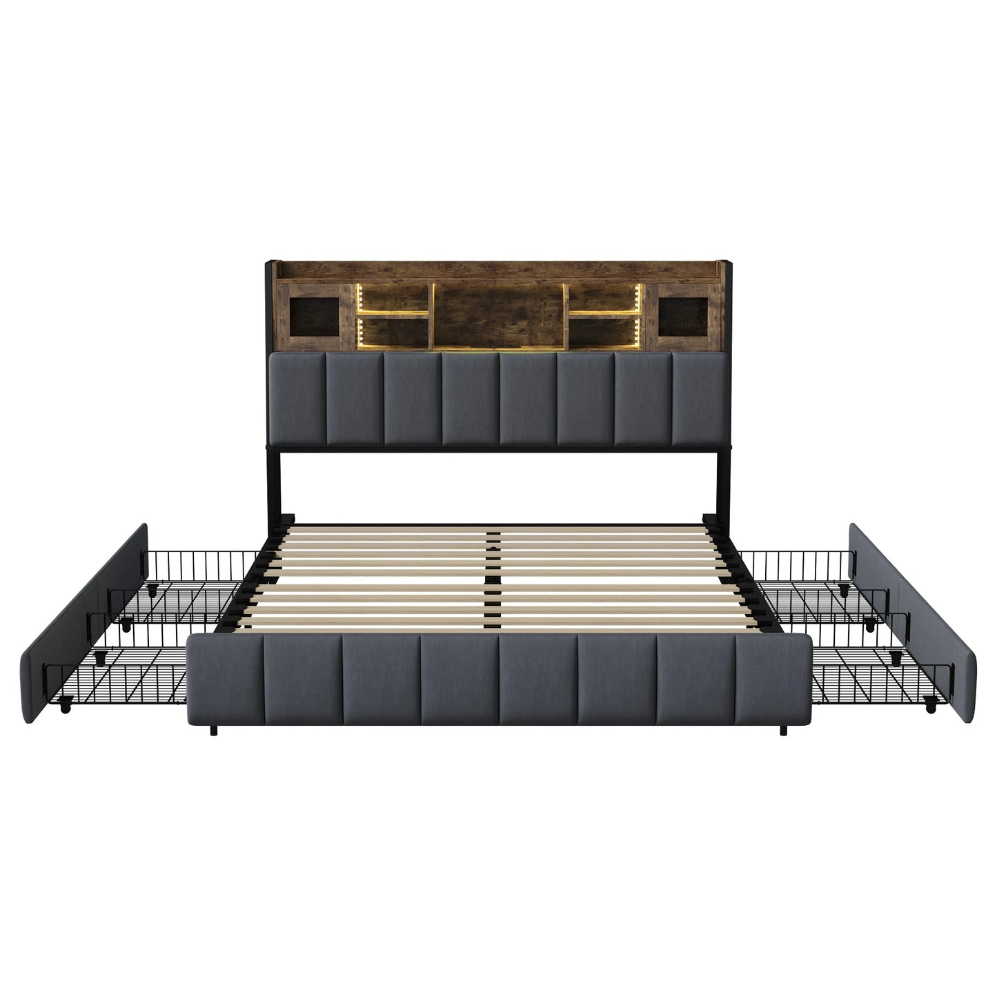 Rosahqnda Doppelbettgestell 140–160 x 200 cm mit LED, USB und Schubladen, gepolstertes Jugendbett, Wohnungsbett, Gästezimmer, Leinen, Grau