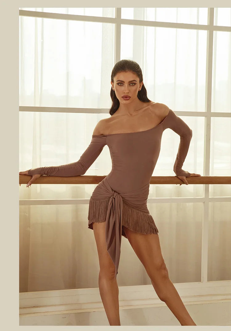 Off Shoulder Latin Dance Tops Fringe Skirt Women ZYM Latin Dance Clothes Competition Dress Club Rumba Samba Practice Wear V22221