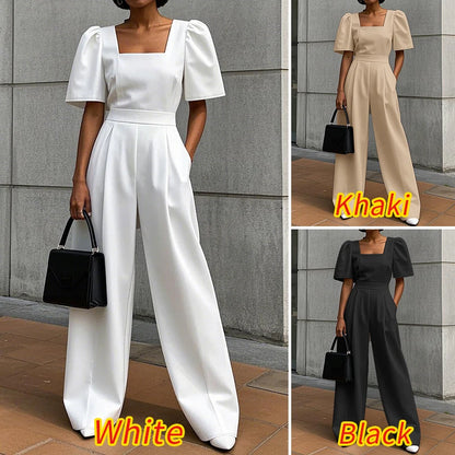 ZANZEA Street Fashion Elegant Womens Jumpsuits Sqaure Neck Short Sleeve Fitted Waist Wide Leg Pant Overalls Summer Streetwear.