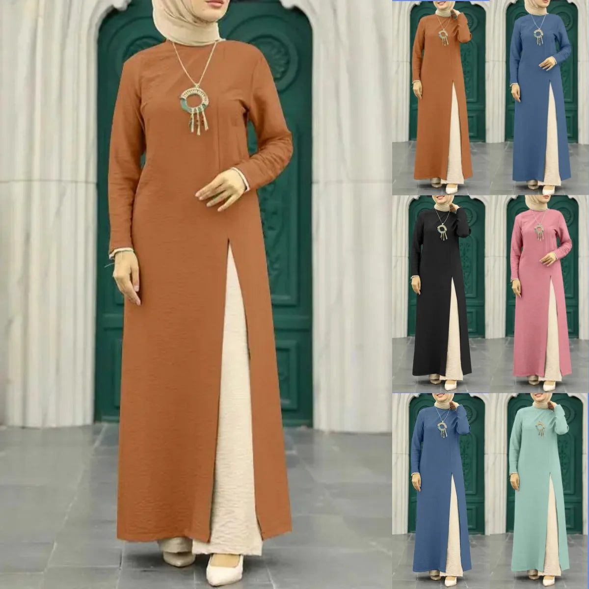 Muslim Women's Long Sleeve Crepe High Split Hem Dress.