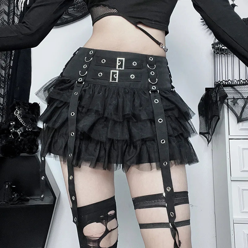 Goth Dark Ruffles Mall Gothic Mesh Splice Mini Skirts Grunge Aesthetic Harajuku Buckle A-line Skirt Punk High Waist Alt Bottoms.