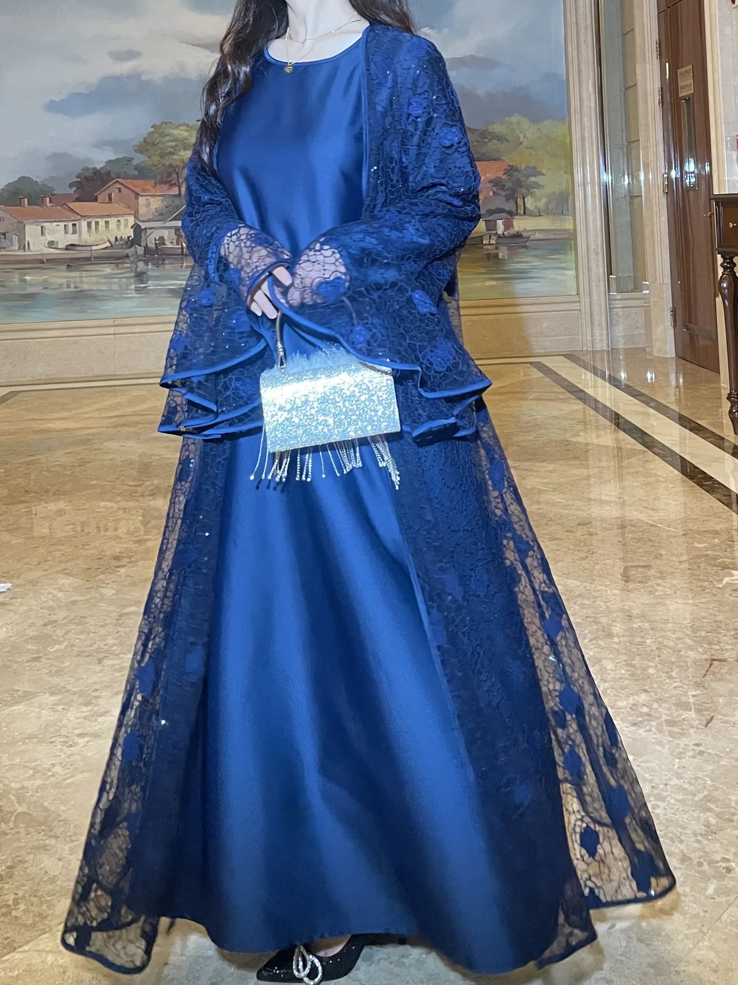 Muslim Women Abaya Dress 2 Piece Set Flare Sleeve Lace Sequin Satin Morocco Caftan Dress Musulman Ensembles Cadigan Outfit Suits.