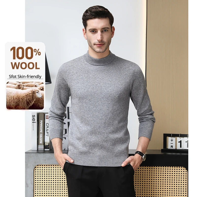 High End 100% Wool Thick New Autum Winter Fashion Brand Pullover Knit Half Turtleneck Business Sweater Casual Men Clothing
