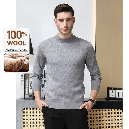High End 100% Wool Thick New Autum Winter Fashion Brand Pullover Knit Half Turtleneck Business Sweater Casual Men Clothing