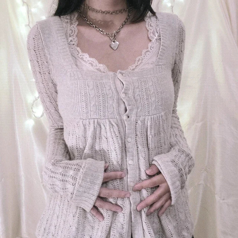 2000er Jahre Vintage Langarm Babydoll Strickpullover Tops Cottage Milkmaid Pullover Ästhetische Grunge Y2k Strickwaren T-Shirts Damen.