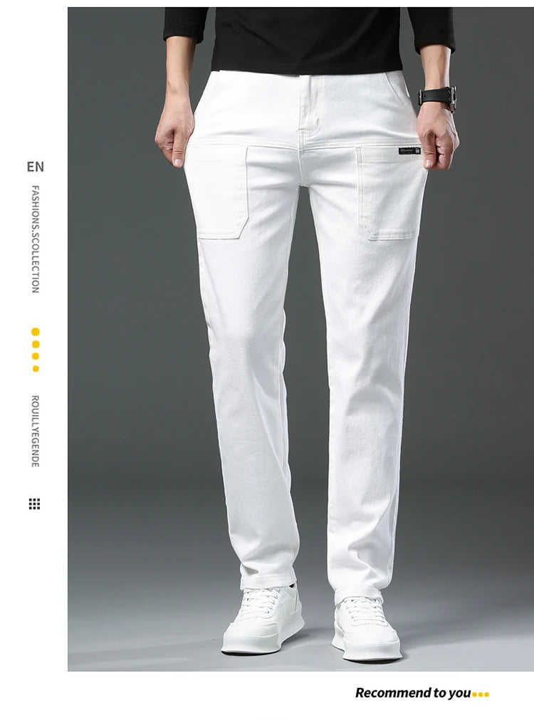 Spring and Autumn Men's Multi-Pocket Design Jeans Fashionable and Versatile White Khaki Red Comfortable Stretch Denim Pants.
