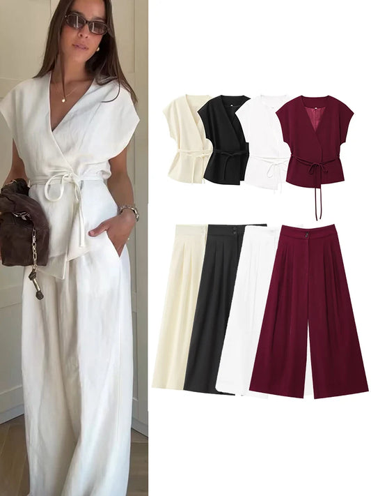TFMLN Fashion Women's Trouser Suits Sleeveless V-Neck Top With Belt Straight Pants Sets 2025 Spring Summer Commuter 2 Piece Set.