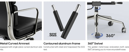 Verstellbarer Bürostuhl aus echtem Leder mit Lordosenstütze, Legierungsarmbasis, Chefsessel, ergonomische Schreibtisch-Computerstühle