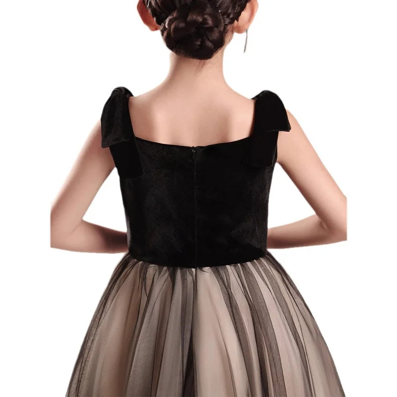 Kinderkleid Mädchen Mode Klavier Violine Performance Kleid Schwarz Samt Mesh Host Chor.