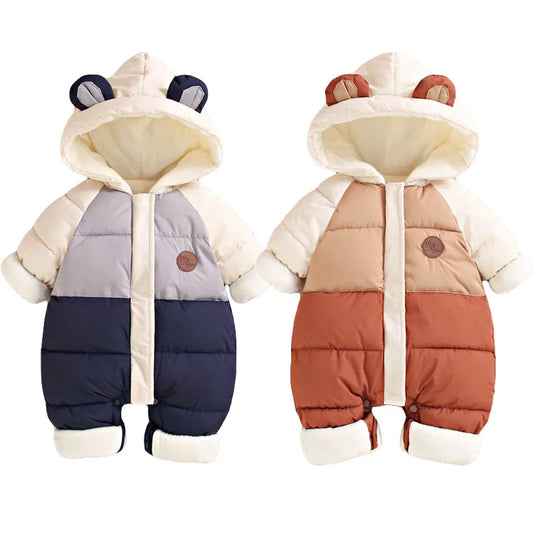 Neue Baby Gepolsterte Warme Strampler Winter Jungen Mädchen Dicke Plus Samt Overalls Winddicht Mit Kapuze Overalls Schneeanzug Einteiliger Body.