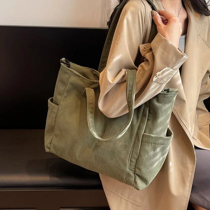 Women Corduroy Tote Bag Casual Multi Pocket Handbag Adjustable Strap Crossbody Sling Bag Zipper Shoulder Bag Fall Winter Bag.