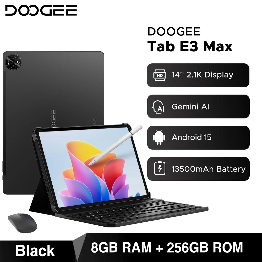 Global Version DOOGEE Tab E3 Max Tablet PC Android 15 Gemini AI 14'' 2.1K Screen 8GB RAM 256GB 13500mAh Large Battery Smart Pad
