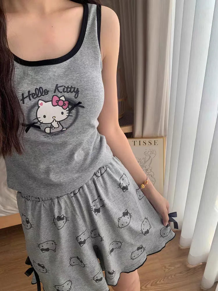 Hello Kitty Pyjama-Set für Damen, niedliche Nachtwäsche, Cartoon, ärmellos, Tank-Top, Shorts, Zuhause, Sommer, gemütliche Loungewear, Geschenk für Mädchen, Sanrio.