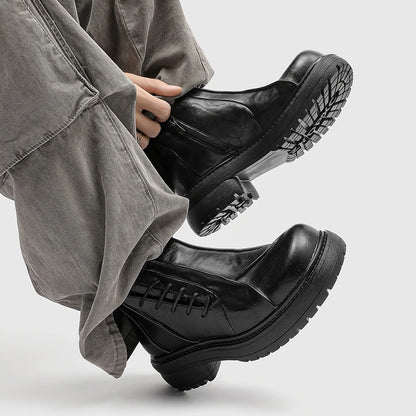 Autumn Winter Mens Ankle Boots Genuine Leather  Platform Chelsea Boots Street Style Male Motorcycle Boots High Top Walking Shoes.