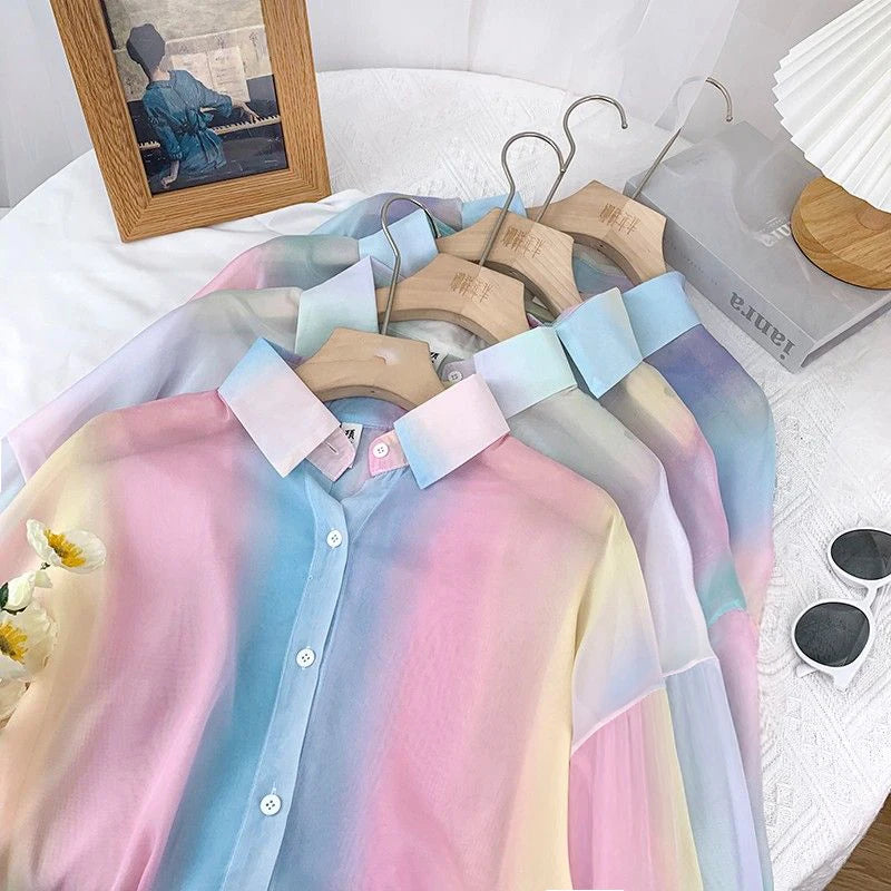 Irregular Gradient Rainbow Long Sleeved Shirt And Blouses Thin Youthful Women's Clothing Loose Top Pink Casual Transparent New.