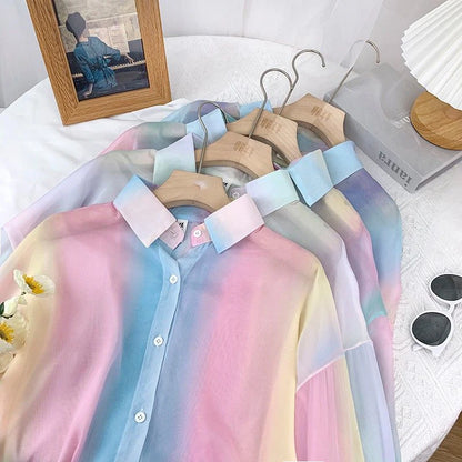 Irregular Gradient Rainbow Long Sleeved Shirt And Blouses Thin Youthful Women's Clothing Loose Top Pink Casual Transparent New.