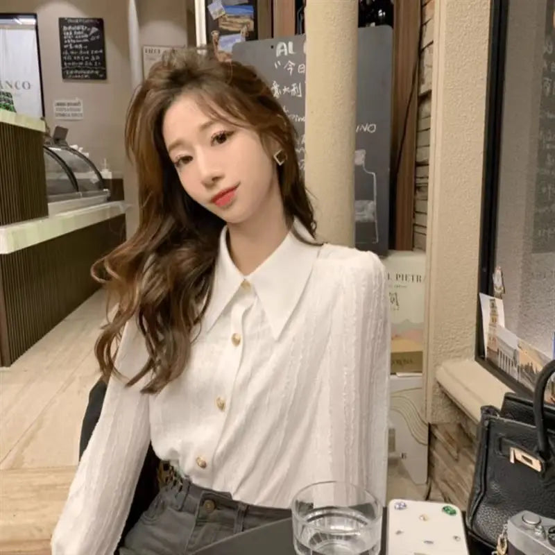 Women Clothing Spring Autumn Simplicity Office Lady Button White Polo Collar Women Shirts All-match Elegant Long Sleeve Cardigan.