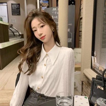 Women Clothing Spring Autumn Simplicity Office Lady Button White Polo Collar Women Shirts All-match Elegant Long Sleeve Cardigan.