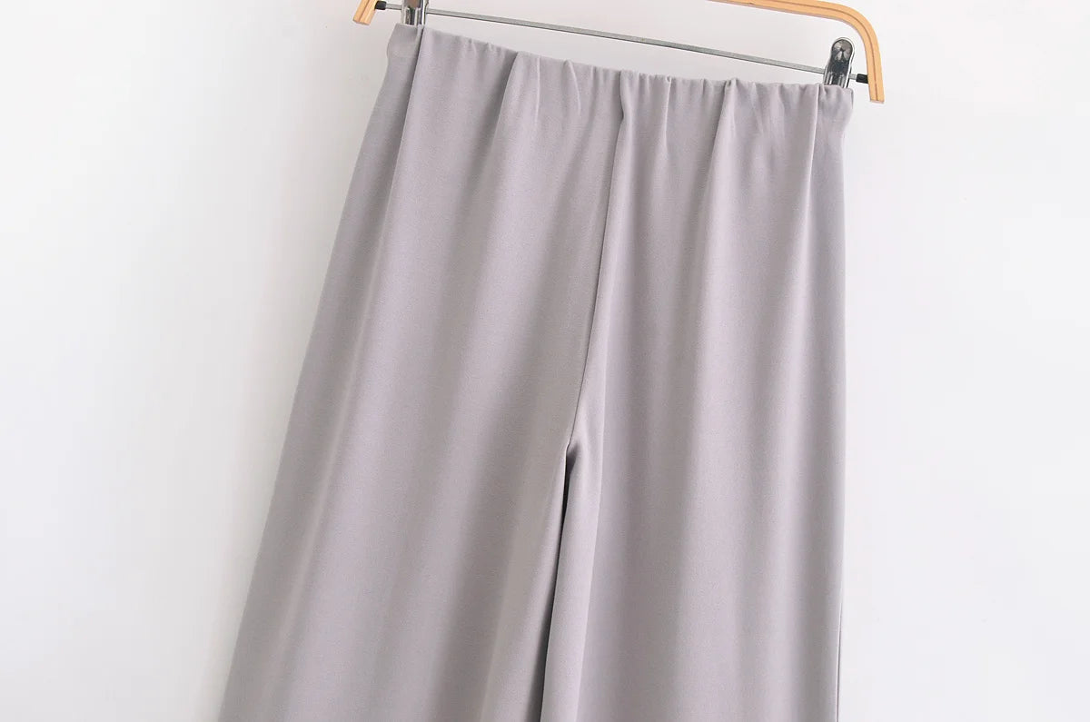 HH Women's 2-Piece Set Fashion Slimming Double-Sided Fabric Round Neck Long-Sleeve Top+Elegant Stretch Casual Wide Leg Pants