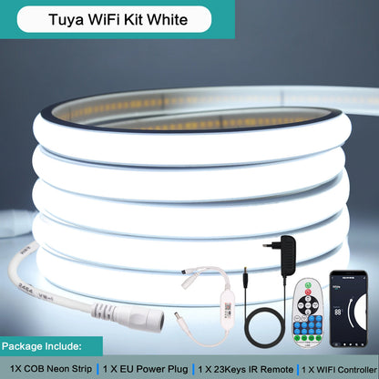 12V 24V Tuya Smart WiFi COB Neon Strip Waterproof 0.5M 5M 10M 20M 320LED/M Flexible LED Tube Tape for Kitchen Cabinet Room Decor