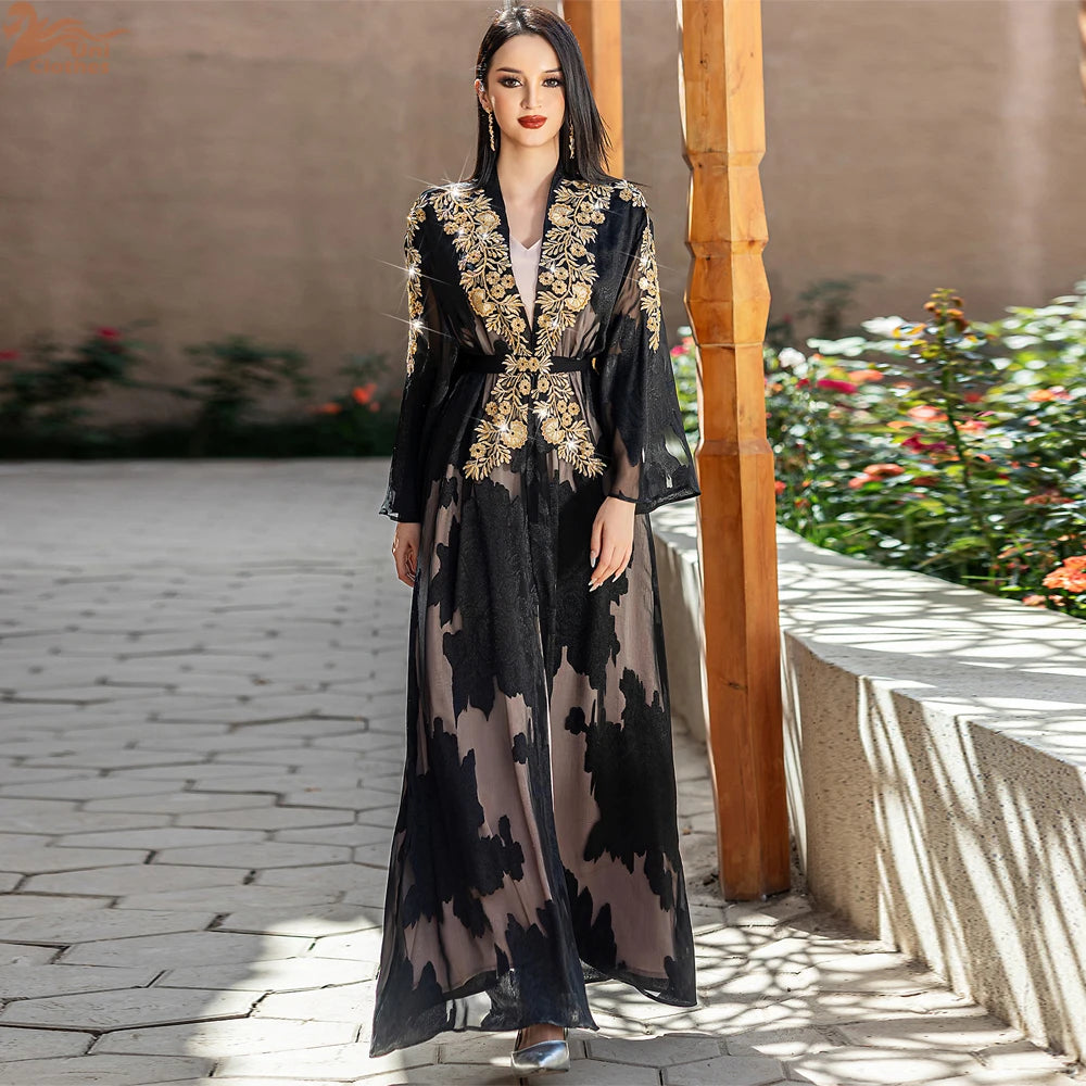 Fashion Lace Embroidered 2 Piece Set Robe Belt Abaya Dubai Kaftan Women Muslim Dress Morocco Caftan Ramadan Kebaya Jalabiya Gown.