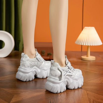 AUTUSPIN 10cm Pink Thick Soled Shoes for Summer Women Breathable Lace-up Ladies Sneakers Outdoor Casual Fashion Platform Shoes