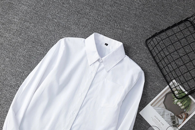 Zoki White Women Shirt Fashion Long Sleeve Casual Turn Down Collar Female Blouse Loose Pocket Button Office Ladies Elegant Tops.